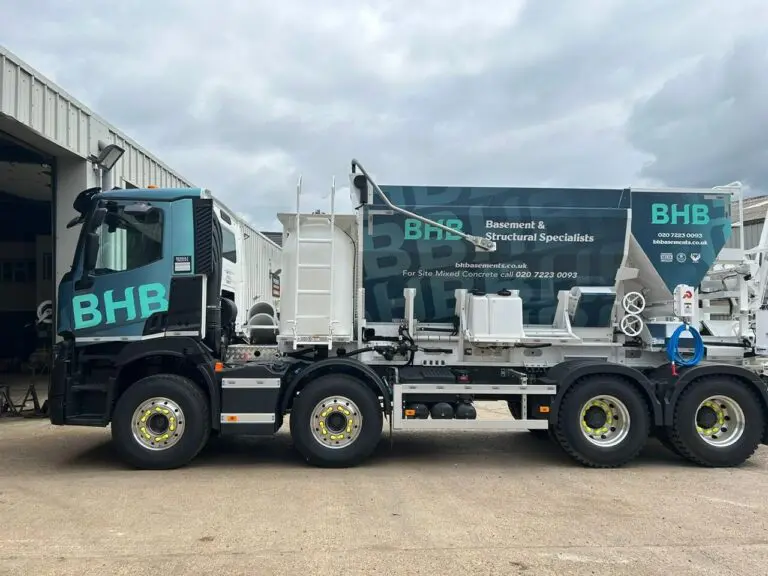 Ready mix concrete lorry branding with BH Basements branding.
